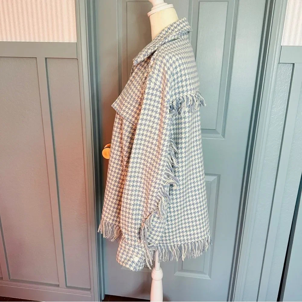 Shero Houndstooth Tassel Trim Blue and White Fringe Shacket Jacket - Picture 8 of 13